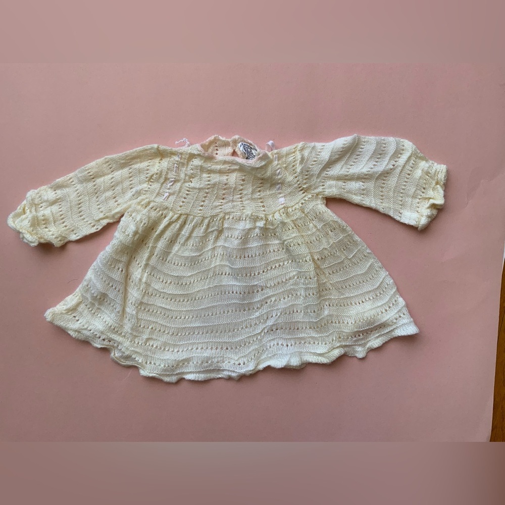 Vintage 70s Cream Knit Baby Dress Top - Soft Long Sleeve